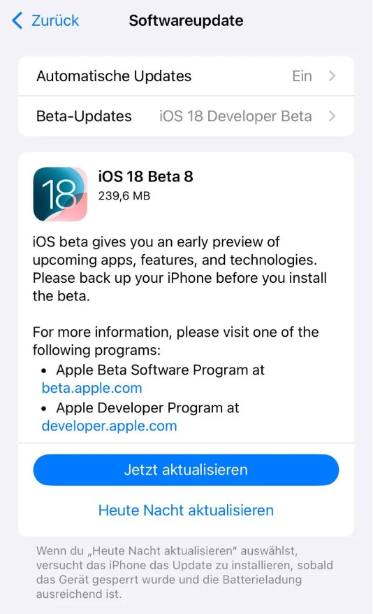 恩施苹果手机维修分享苹果 iOS / iPadOS 18 开发者预览版 Beta 8 发布 